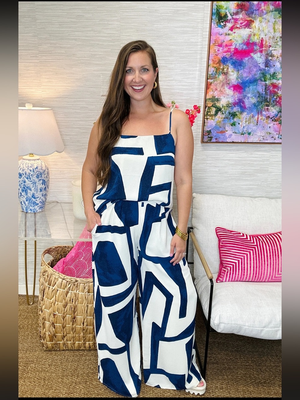 White Birch Navy & White Geometric Wide-Leg Pants and Top set NWOT
